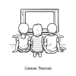 Coloring page of children sitting in front of the television