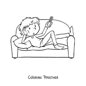 Coloring page of a boy lying on the sofa with the TV remote