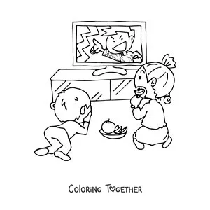 Coloring page of two children eating fruit and watching television