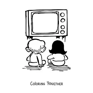 Coloring page of a cartoon of two children watching television