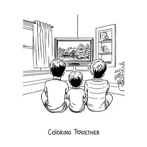 Coloring page of children sitting and watching TV