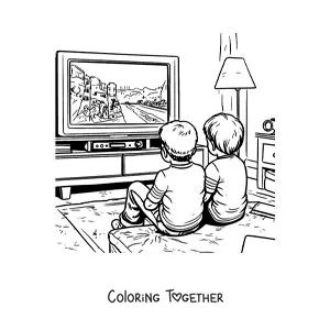 Coloring page of two friends watching TV
