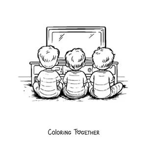 Coloring page of three siblings watching television