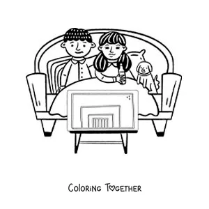 Coloring page of a couple watching movies on TV on the sofa
