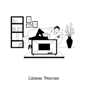 Coloring page of a boy watching movies on TV eating popcorn