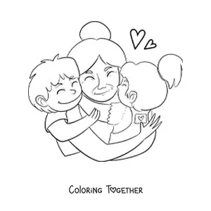 Coloring page of a grandma hugging her two grandchildren