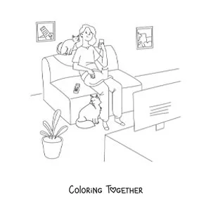 Coloring page of a girl watching TV at home with her cats