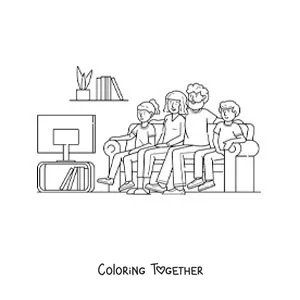 Coloring page of a family watching television at home