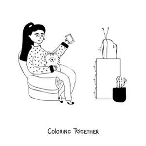 Coloring page of a girl watching television with her cat