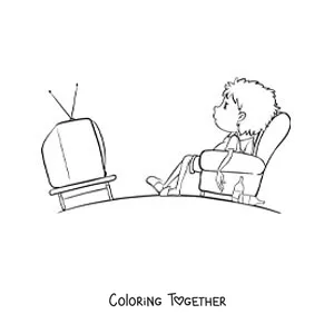 Coloring page of a boy watching television on the sofa