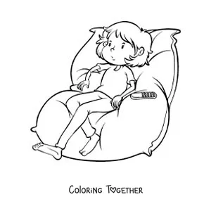Coloring page of a boy sitting and watching TV
