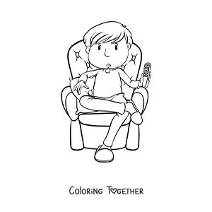 Coloring page of a boy sitting with the TV remote