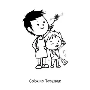 Coloring page of a boy helping his dad clean the house