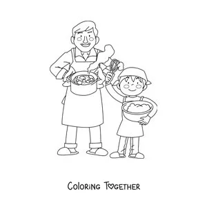 Coloring page of a boy helping his dad cook at home