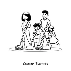 Coloring page of a family cleaning the house