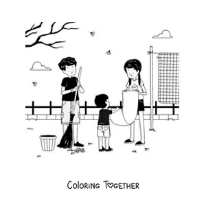 Coloring page of children helping their mother tidy up the yard