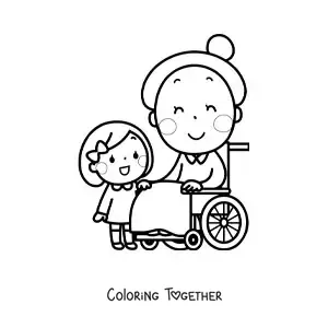 Coloring page of a kawaii grandma sitting next to her granddaughter who is standing