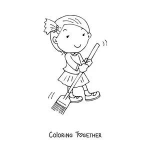 Coloring page of a girl helping to sweep at home