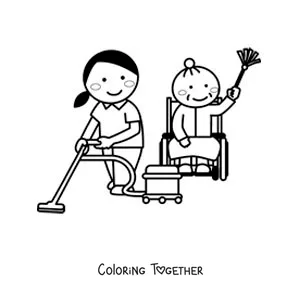 Coloring page of a girl and a grandmother cleaning the house