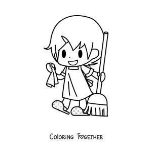 Coloring page of a kawaii girl with a broom to clean the floor