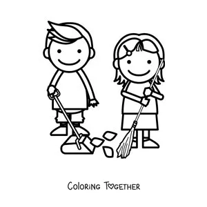Coloring page of two children sweeping at home