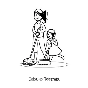 Coloring page of a mother and her daughter sweeping the floor