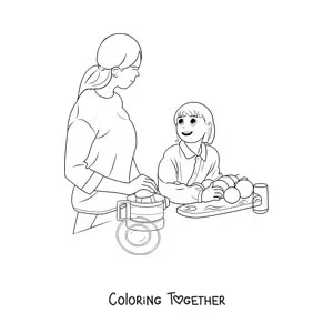 Coloring page of a mother and her daughter cooking