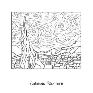 Coloring page of The Starry Night by Van Gogh