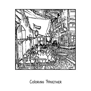 Coloring page of cafe terrace at night by Van Gogh