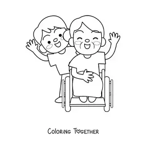 Coloring page of a kawaii grandma in a wheelchair pushed by her grandson