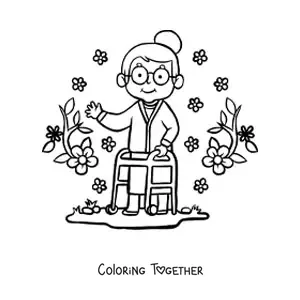 Coloring page of a sweet little grandma surrounded by flowers