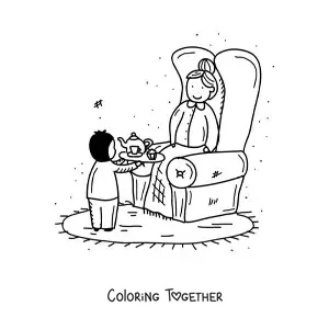 Coloring page of a grandma sitting while her grandson serves her tea