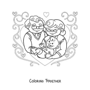 Coloring page of a pair of grandparents holding their baby grandson