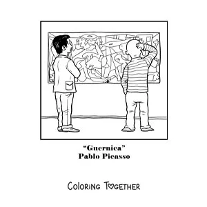 Coloring page of a cartoon of the painting Guernica by Pablo Picasso