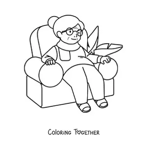 Coloring page of a grandma sitting in an armchair