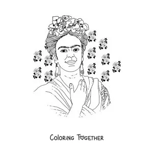 Coloring page of a portrait of Frida Kahlo with flowers