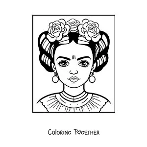 Coloring page of an easy drawing of Frida Kahlo