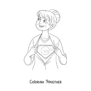 Coloring page of a grandma in a superheroine costume