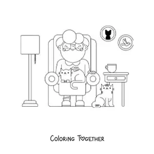Coloring page of a grandma sitting in a living room with cats