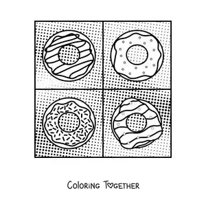 Coloring page of donuts in the style of Andy Warhol for kids