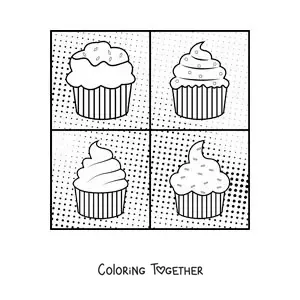Coloring page of cupcakes in Andy Warhol's pop art style for kids