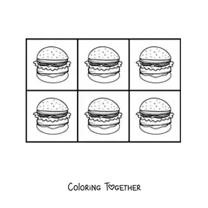 Coloring page of hamburgers in Andy Warhol's pop art style