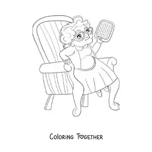 Coloring page of a grandma holding a tablet