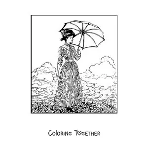 Coloring page of a girl with a parasol in the style of Monet