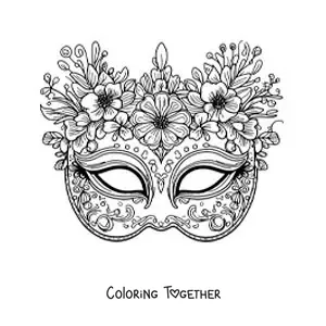 Coloring page of a carnival mask with flowers