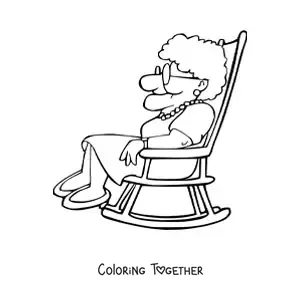 Coloring page of a grandma sitting in profile in a rocking chair