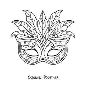 Coloring page of a feathered mask for a carnival costume
