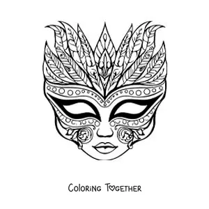Coloring page of a Venetian mask with feathers