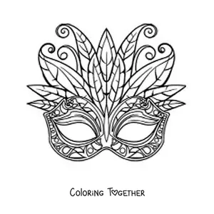 Coloring page of a carnival mask with geometric shapes and feathers