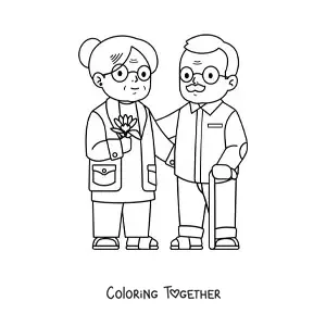 Coloring page of a grandma next to a grandpa with a cane